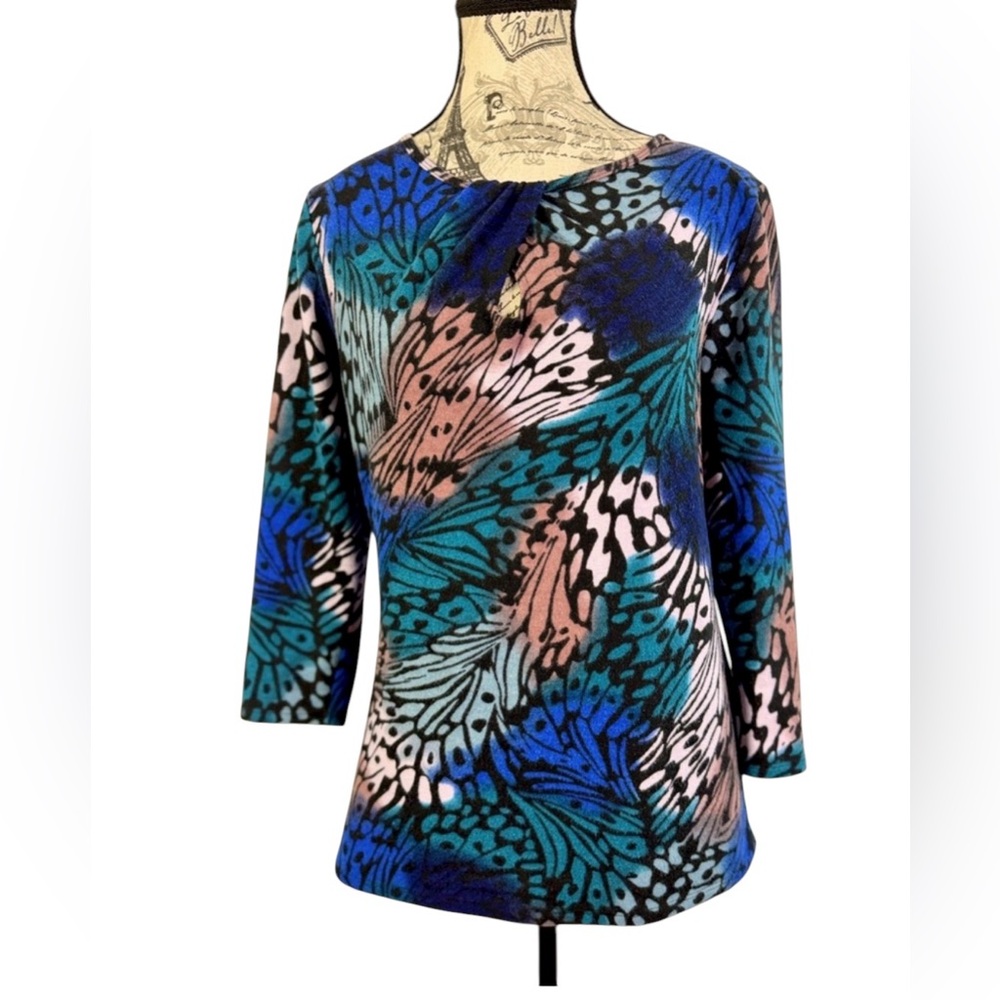 August Silk Butterfly Print Keyhole Neck 3/4 Sleeve Knit Top Size M